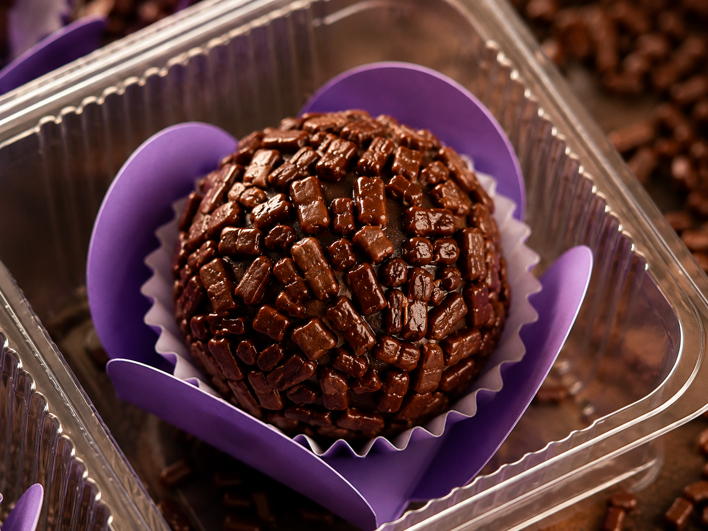 Brigadeiro tradicional coberto de granulado de chocolate em forminha roxa
