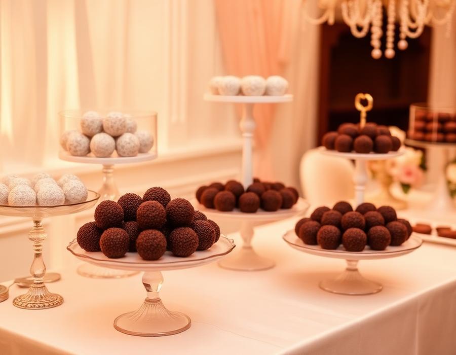 Mesa de festa decorada com brigadeiros gourmet em suportes